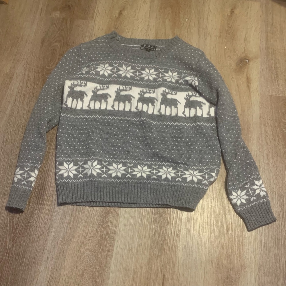 Gray Sweater with Reindeer and Snowflake Pattern